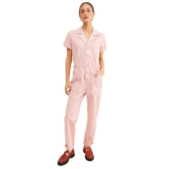 pistola Pants - Pistola Grover Short Sleeve Field Suit in Pink Stripe - Size L - MSRP $168